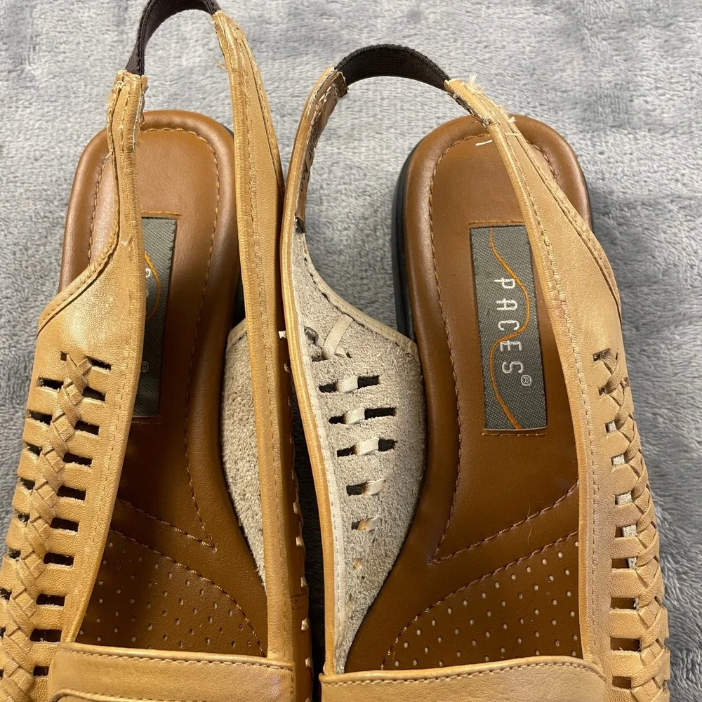 Paces Jen Women's 10W Tan Leather Woven Slingback Loafers Floral Perforated Boho